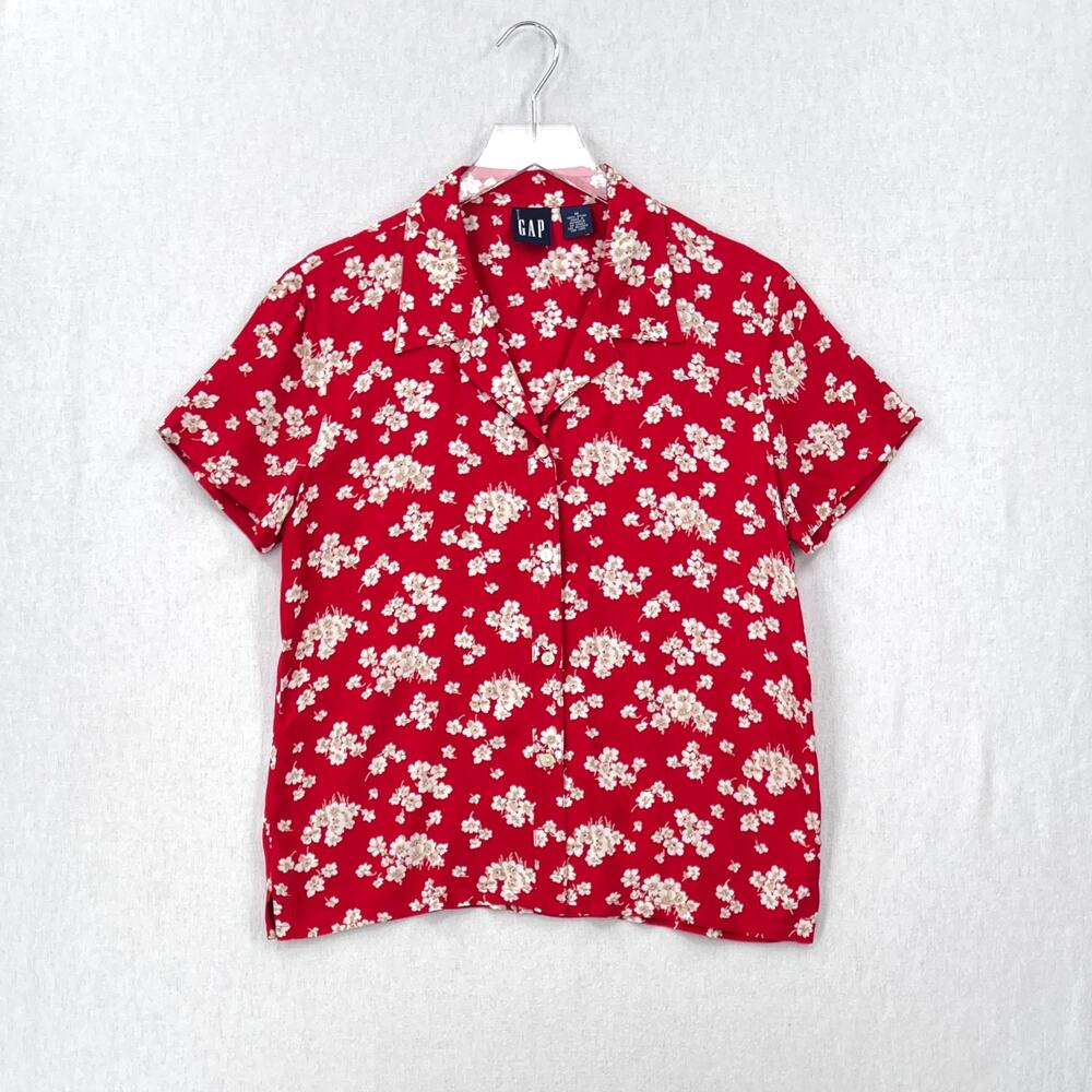 GAP VINTAGE Floral Print Short Sleeve Button Up Top Medium Red White Casual Fun